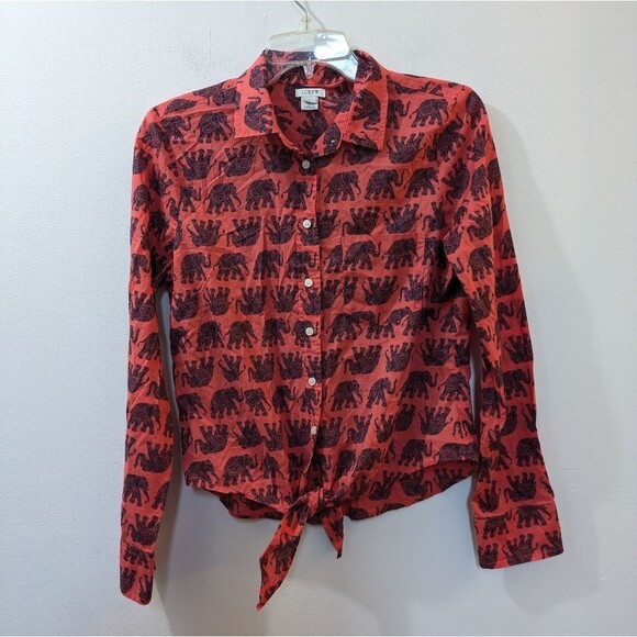 J. Crew Factory Coral Elephant Print Button Down Shirt Front Tie Women's Small - Picture 1 of 9